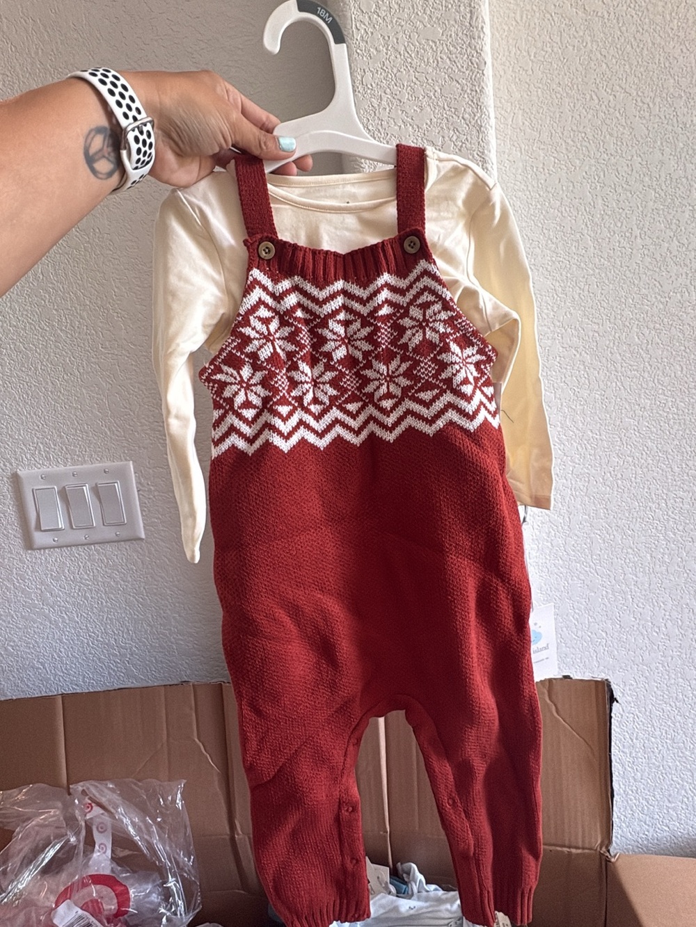 Cream and Rust Knit Fair Isle Overalls for Kids